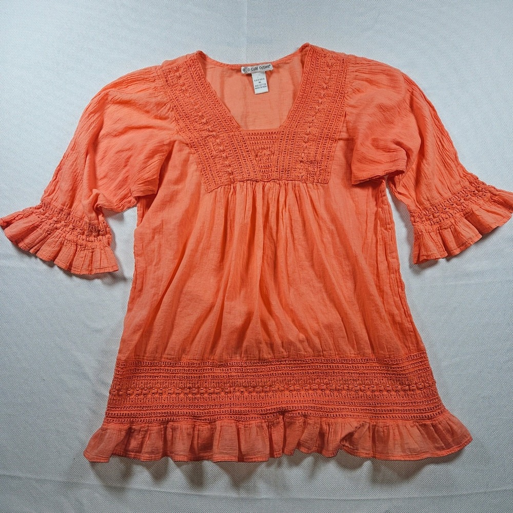 Orange Gauzy Tunic Top Blouse Women's XL‎ Made in India Crochet Trim